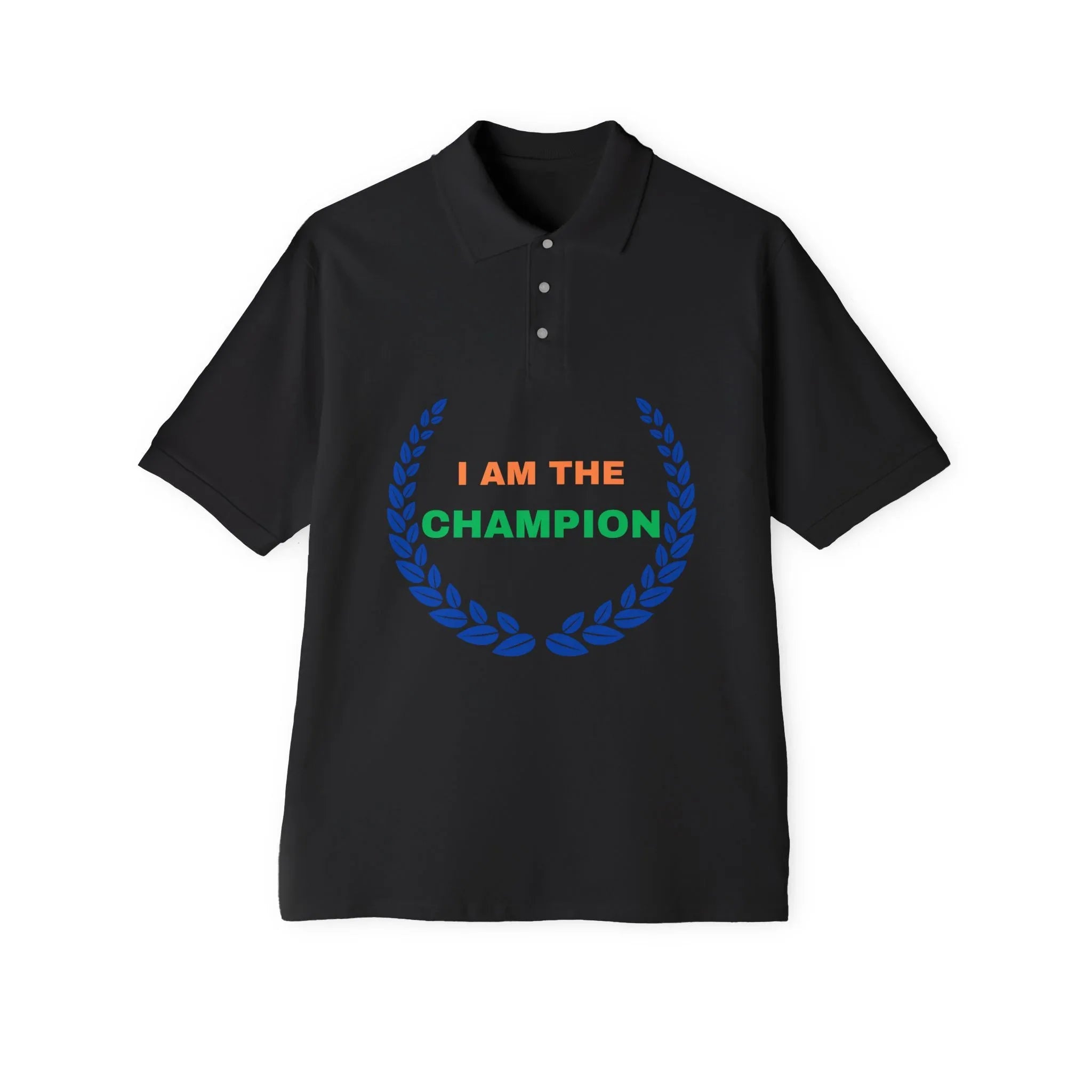 Champion’s statement men’s polo – “I AM THE CHAMPION.” Cotton piqué collared shirt, S–3XL. Perfect for casual wear, Father’s Day gifts, or summer events. - RizQ Life 
