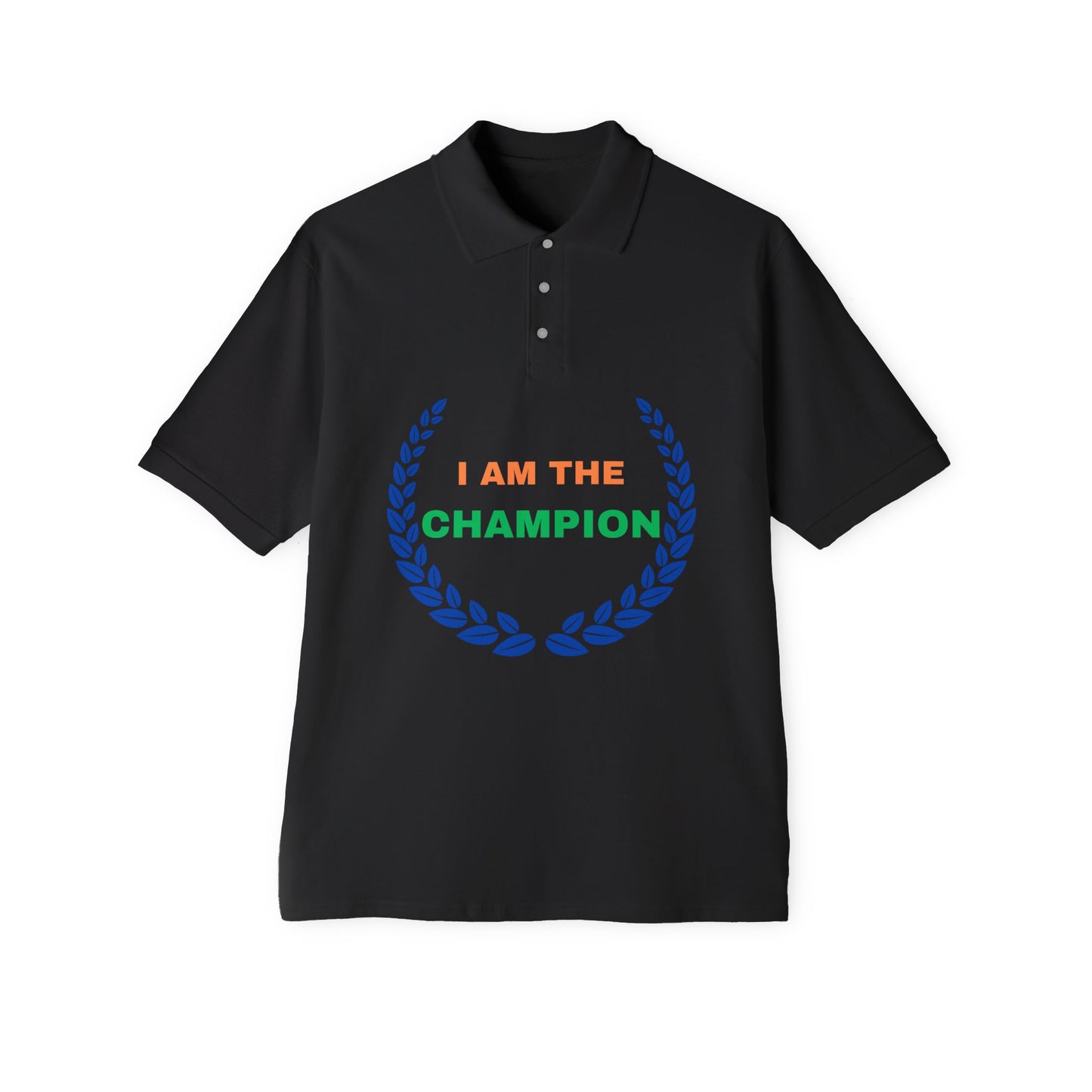 Champion’s statement men’s polo – “I AM THE CHAMPION.” Cotton piqué collared shirt, S–3XL. Perfect for casual wear, Father’s Day gifts, or summer events.