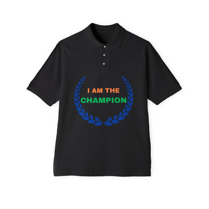 Champion’s statement men’s polo – “I AM THE CHAMPION.” Cotton piqué collared shirt, S–3XL. Perfect for casual wear, Father’s Day gifts, or summer events.