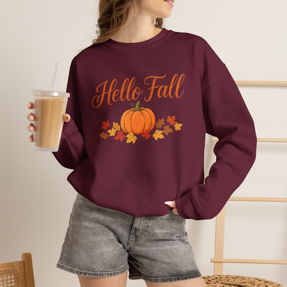 Hello Fall Pumpkin Crewneck Sweatshirt | Cozy Autumn Apparel