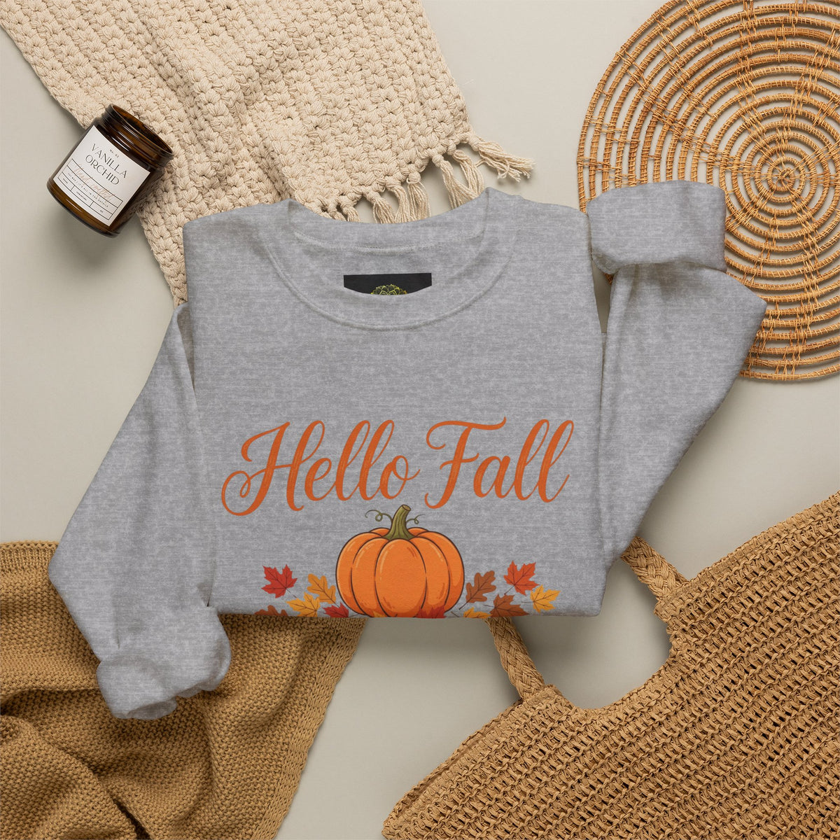 Hello Fall Pumpkin Crewneck Sweatshirt | Cozy Autumn Apparel