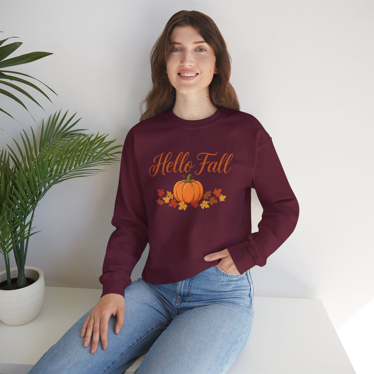 Hello Fall Pumpkin Crewneck Sweatshirt | Cozy Autumn Apparel