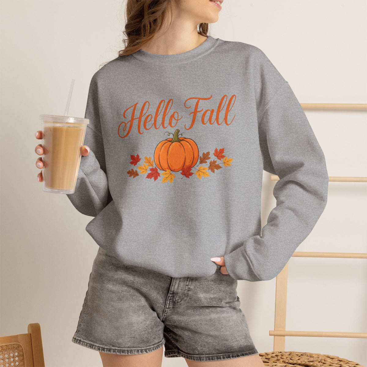 Hello Fall Pumpkin Crewneck Sweatshirt | Cozy Autumn Apparel