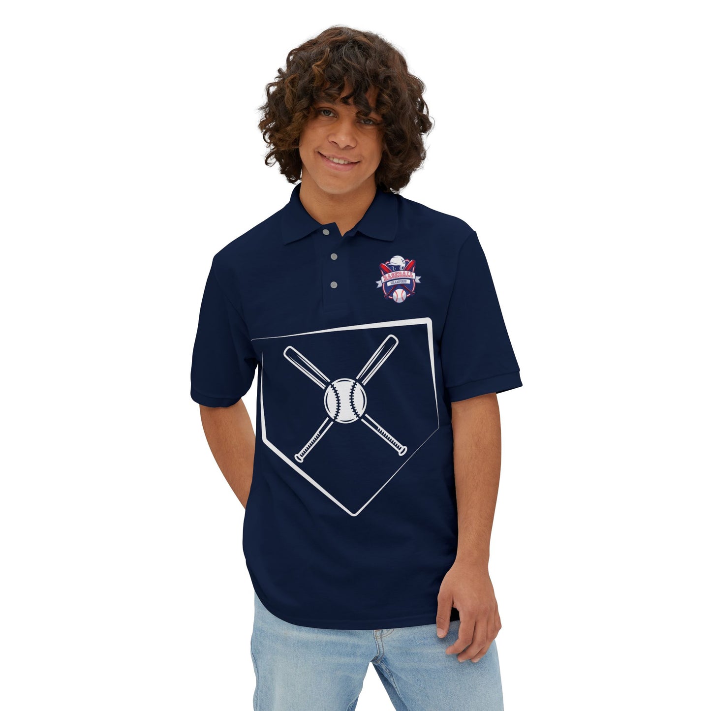 Men's Baseball Piqué Polo - Baseball with Graphic Bat and Ball Design