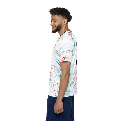 Custom Portugal Soccer Jersey Design – Red & Green Abstract Pattern with Gold Crest and Number 7