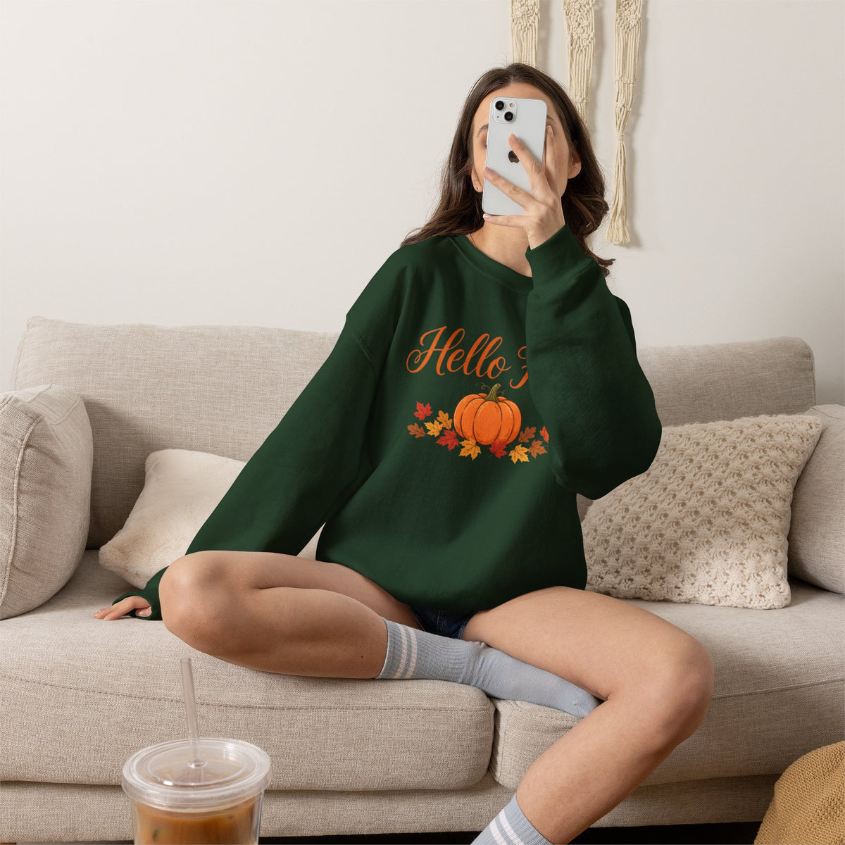 Hello Fall Pumpkin Crewneck Sweatshirt | Cozy Autumn Apparel