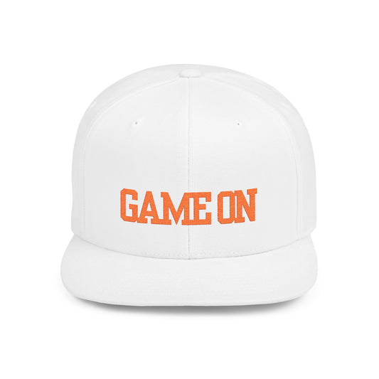 Trendy “Game On” snapback cap for adults. Adjustable flat bill hat, stylish streetwear accessory, perfect for gifts, festivals, sports, and casual outings.