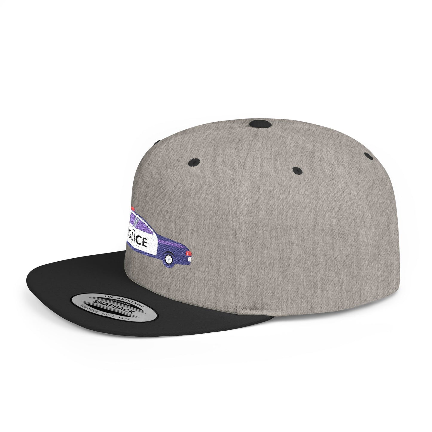 Shop the Police Car Snapback Cap – adjustable streetwear hat for adults, perfect car enthusiast gift and urban fashion accessory.