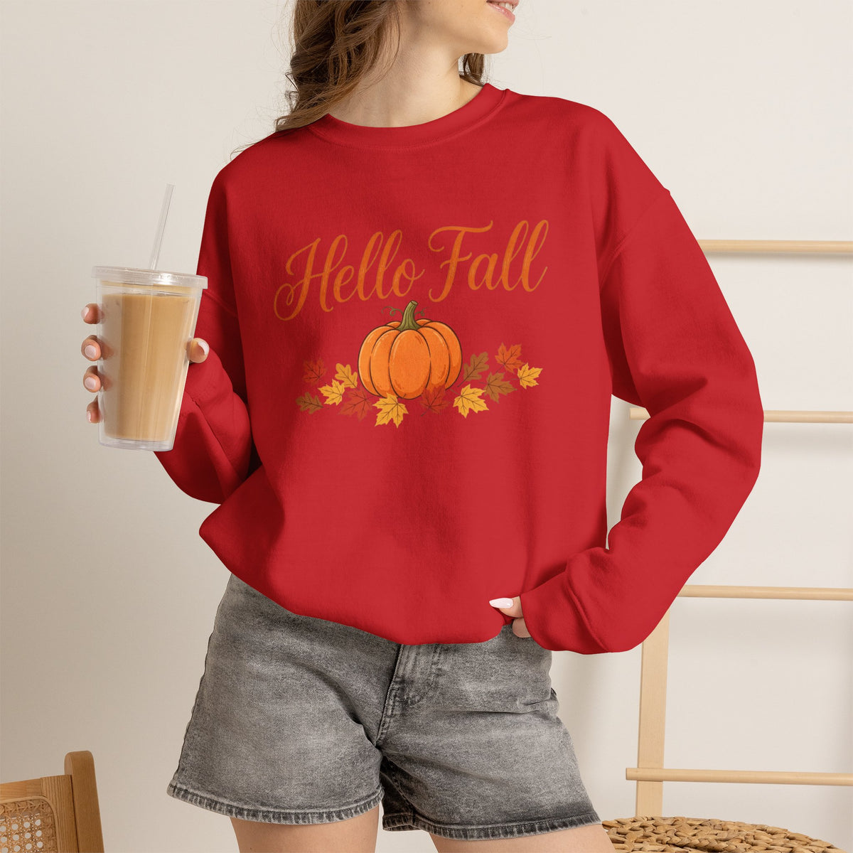 Hello Fall Pumpkin Crewneck Sweatshirt | Cozy Autumn Apparel