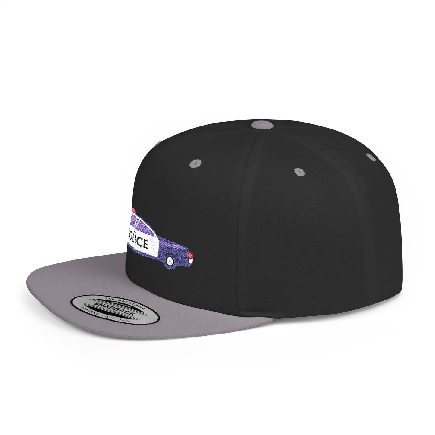 Shop the Police Car Snapback Cap – adjustable streetwear hat for adults, perfect car enthusiast gift and urban fashion accessory.