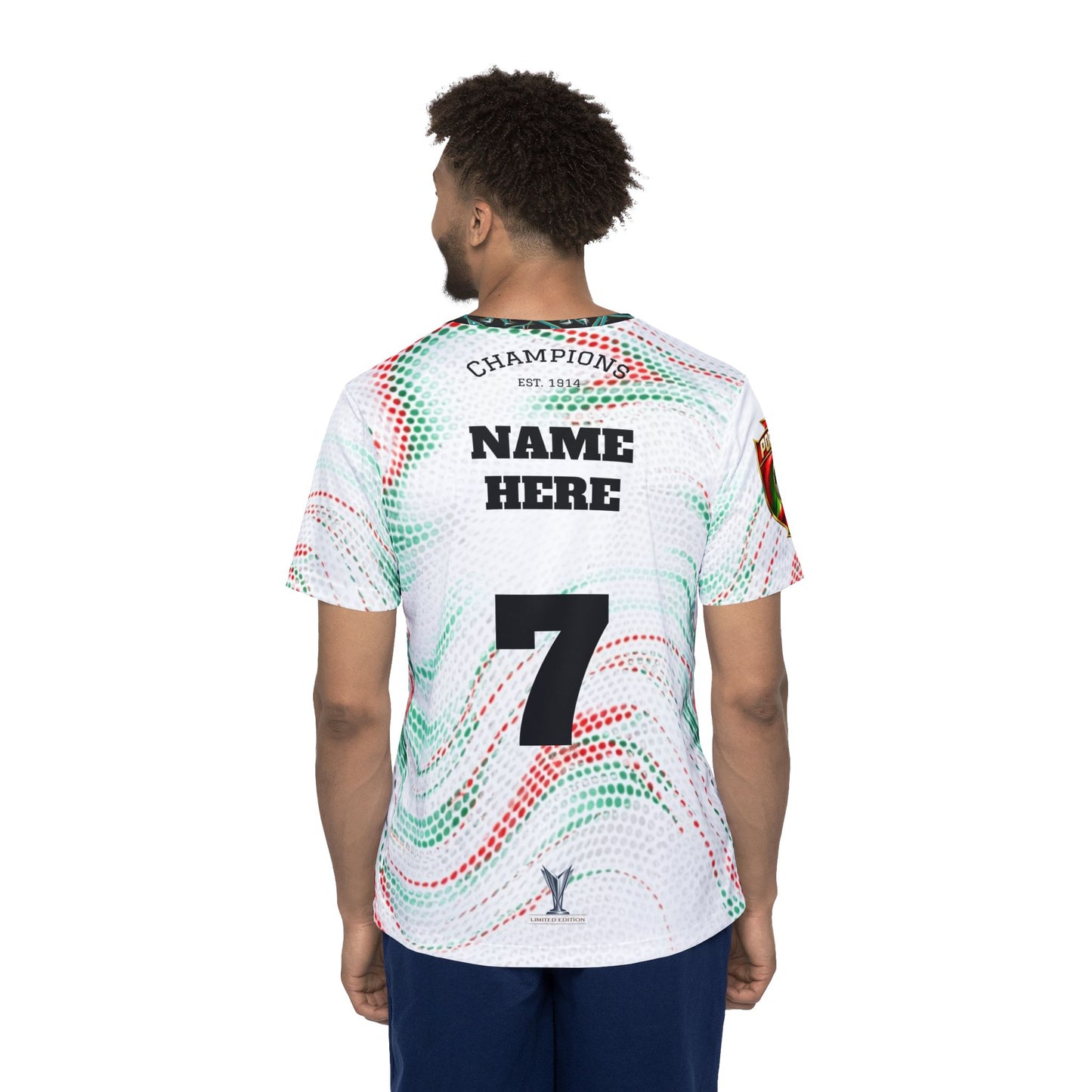 Custom Portugal Soccer Jersey Design – Red & Green Abstract Pattern with Gold Crest and Number 7