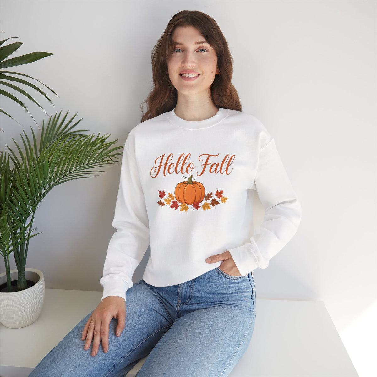Hello Fall Pumpkin Crewneck Sweatshirt | Cozy Autumn Apparel