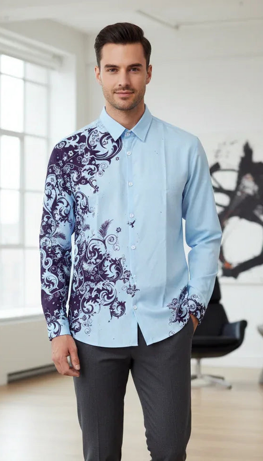 Men's Light Blue Paisley Print Button-Up Dress Shirt | Long Sleeve Casual Formal Shirt