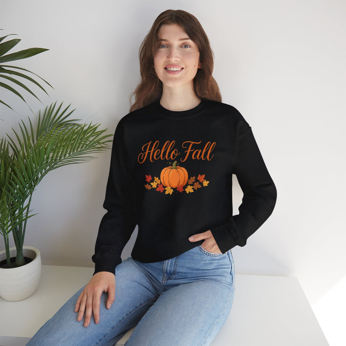 Hello Fall Pumpkin Crewneck Sweatshirt | Cozy Autumn Apparel
