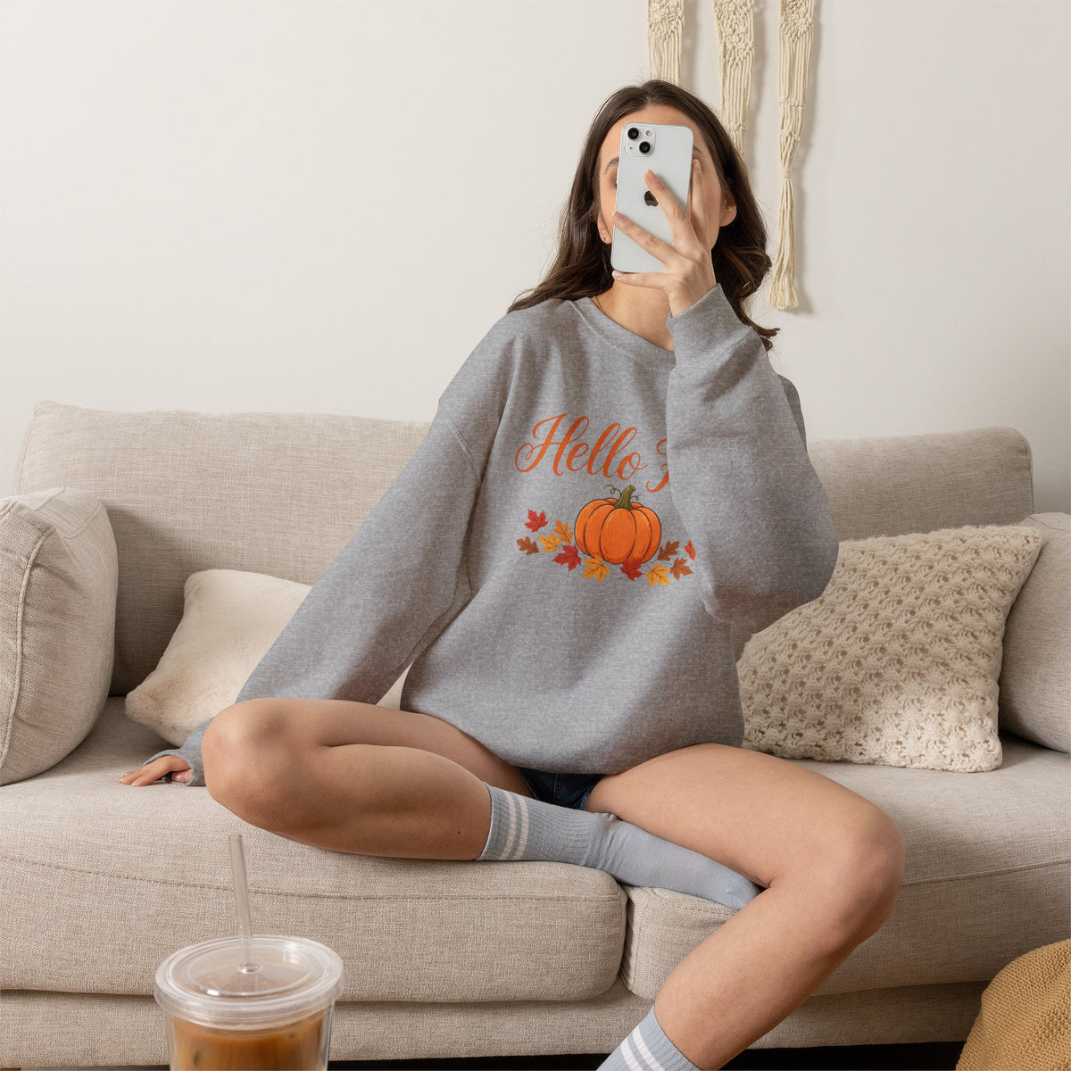 Hello Fall Pumpkin Crewneck Sweatshirt | Cozy Autumn Apparel
