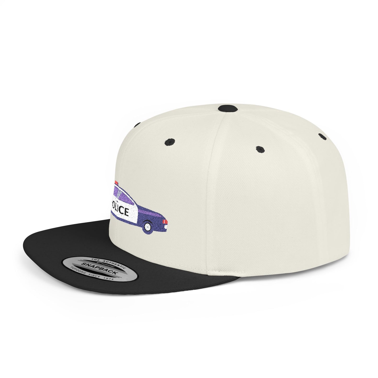 Shop the Police Car Snapback Cap – adjustable streetwear hat for adults, perfect car enthusiast gift and urban fashion accessory.