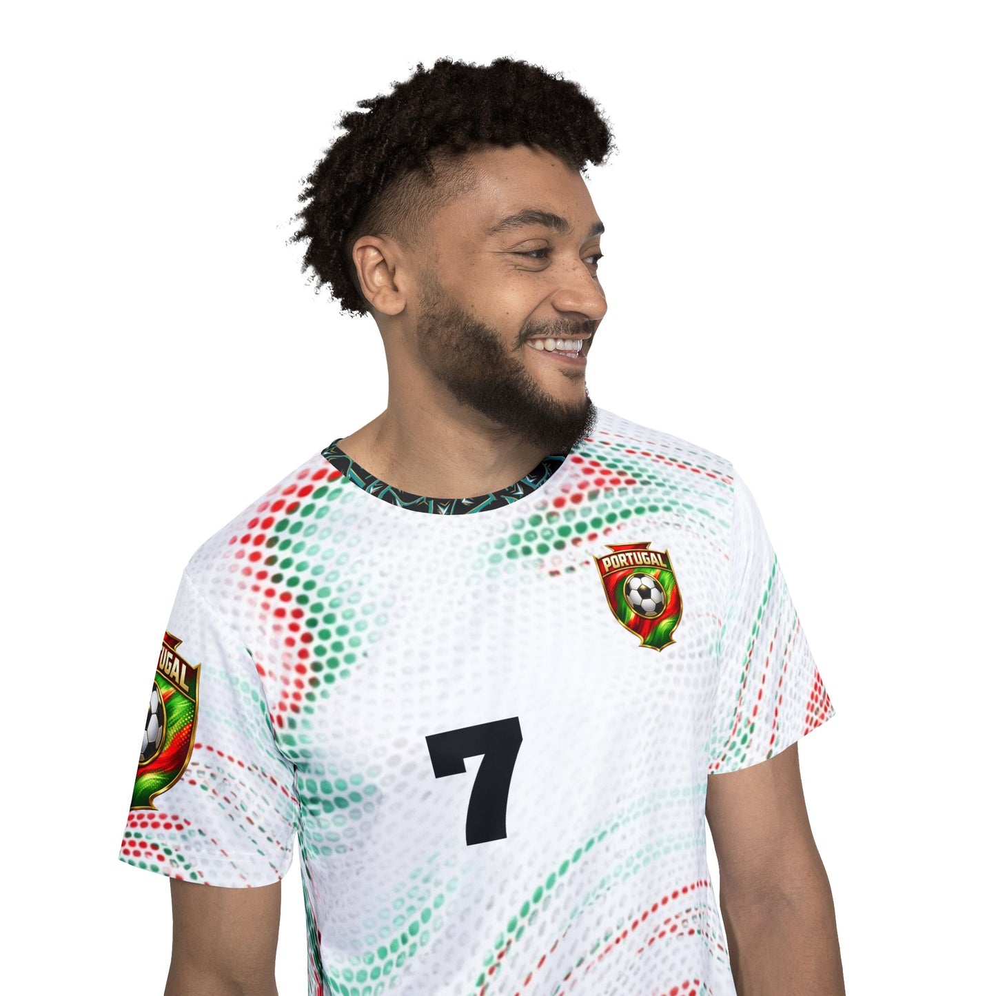 Custom Portugal Soccer Jersey Design – Red & Green Abstract Pattern with Gold Crest and Number 7