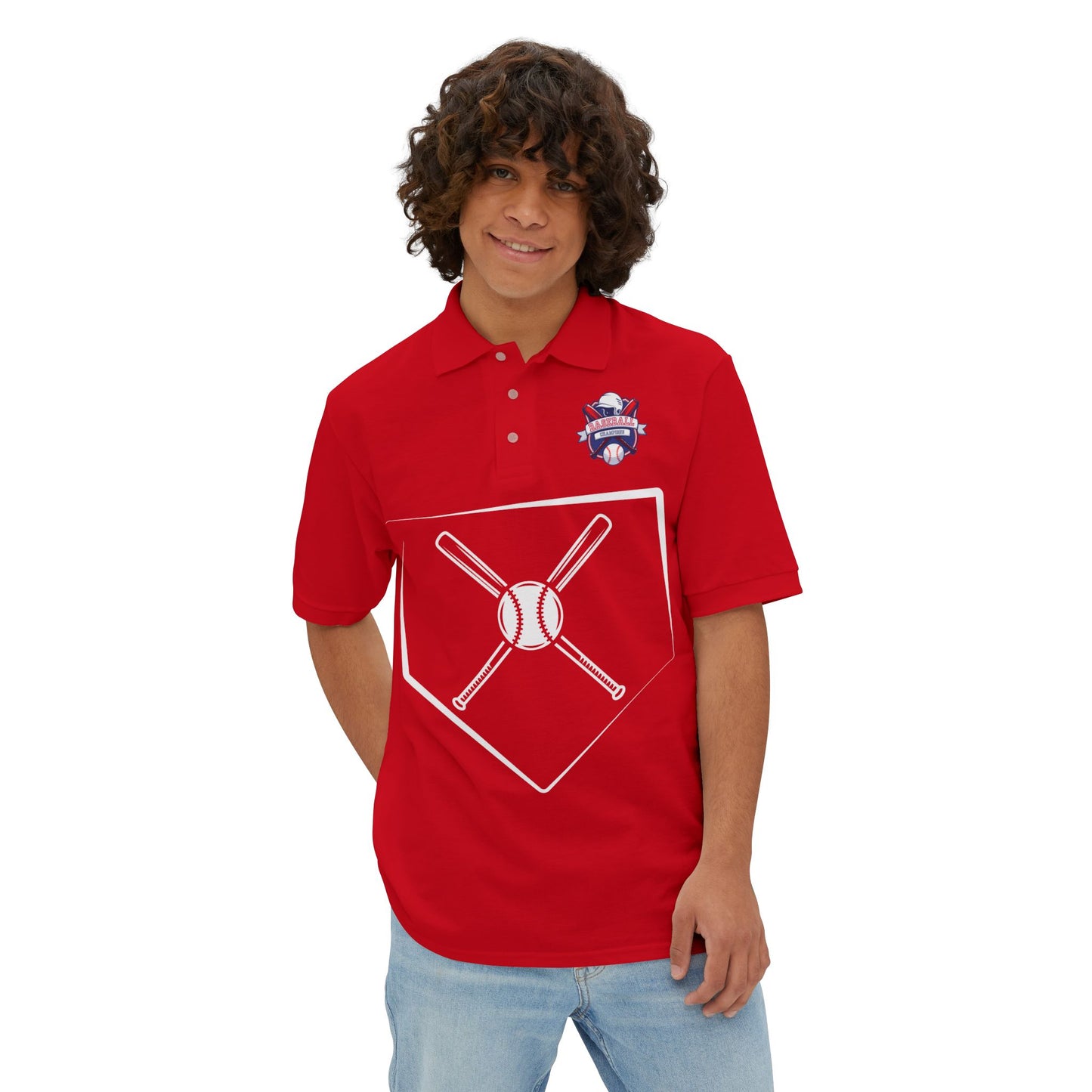 Men's Baseball Piqué Polo - Baseball with Graphic Bat and Ball Design