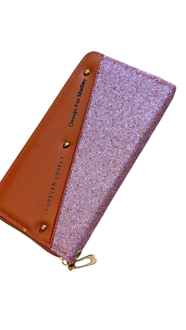 Pink Glitter & Tan Faux Leather Zip-Around Wallet