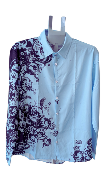 Men’s Light Blue Graphic Button-Down Shirt – Navy Scroll Print