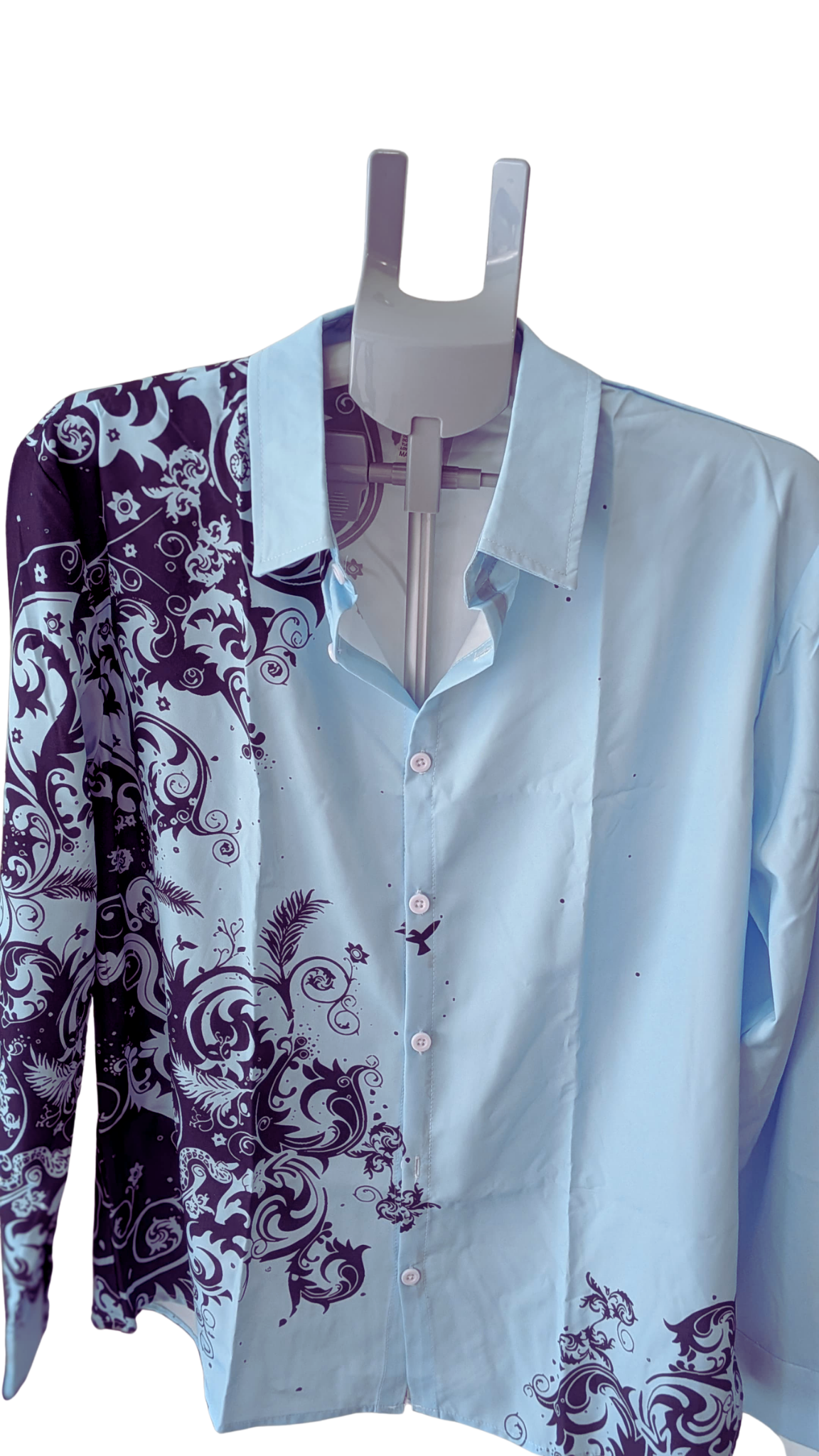 Men’s Light Blue Graphic Button-Down Shirt – Navy Scroll Print