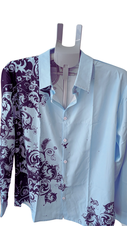 Men’s Light Blue Graphic Button-Down Shirt – Navy Scroll Print