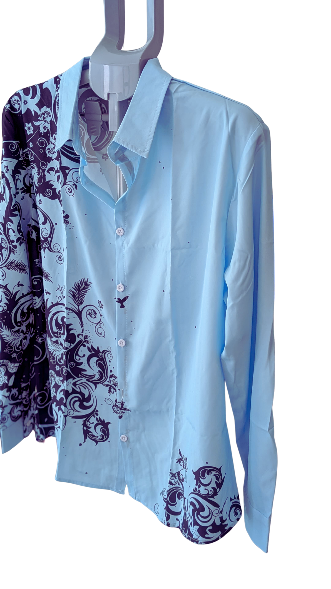 Men’s Light Blue Graphic Button-Down Shirt – Navy Scroll Print