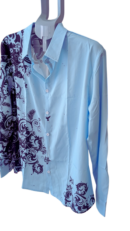 Men’s Light Blue Graphic Button-Down Shirt – Navy Scroll Print