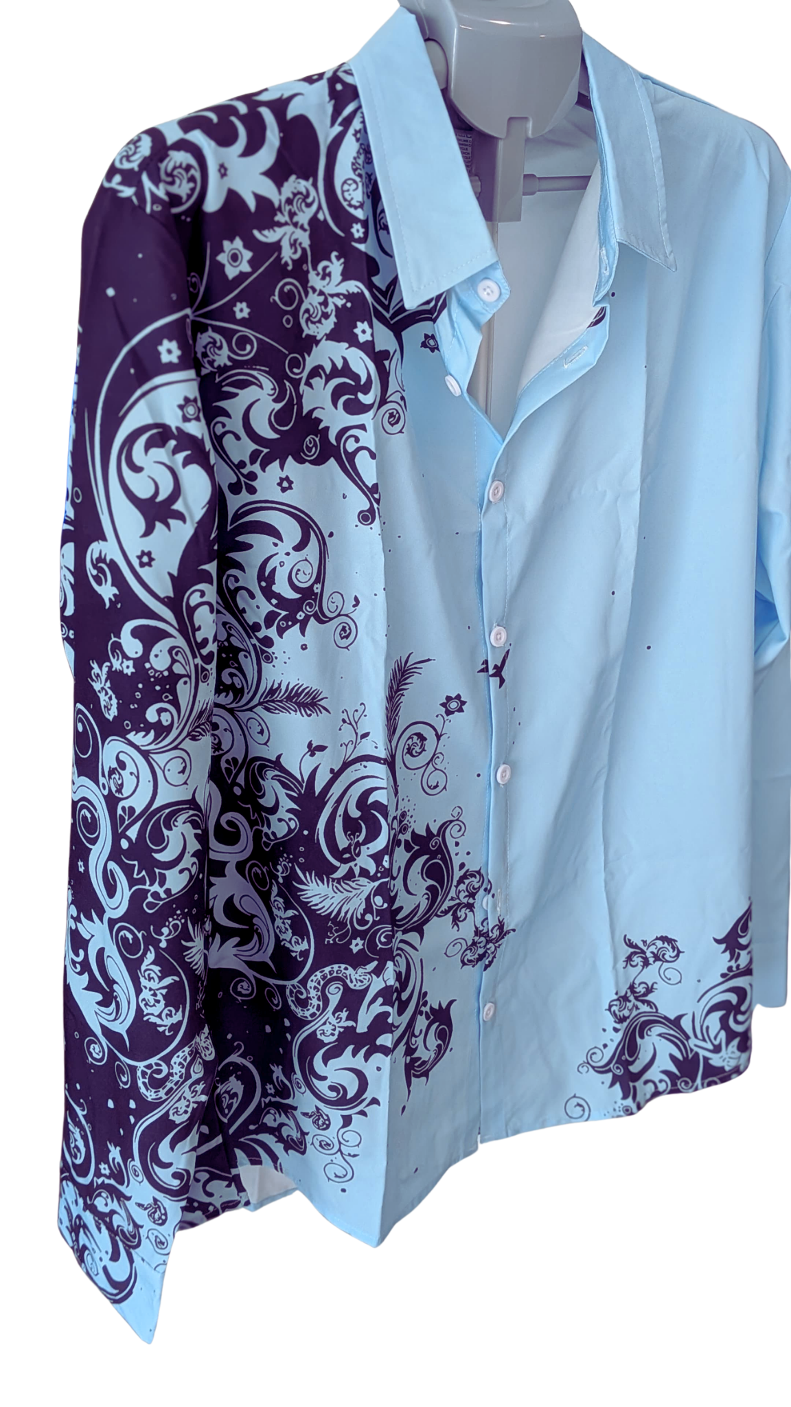 Men’s Light Blue Graphic Button-Down Shirt – Navy Scroll Print