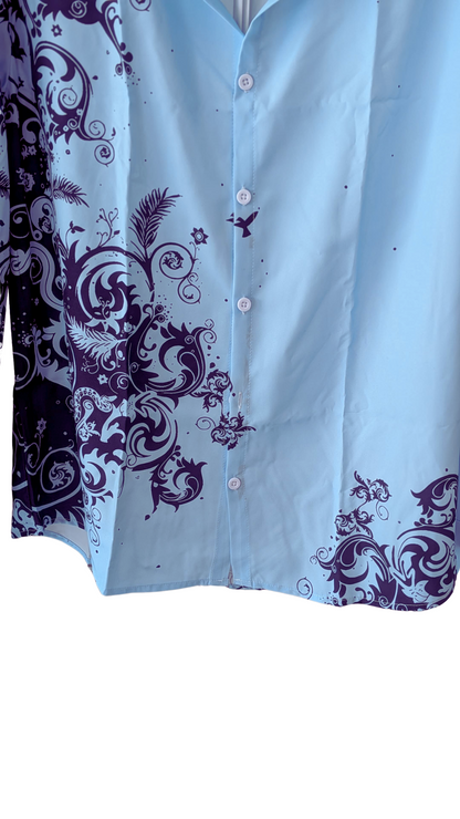 Men’s Light Blue Graphic Button-Down Shirt – Navy Scroll Print