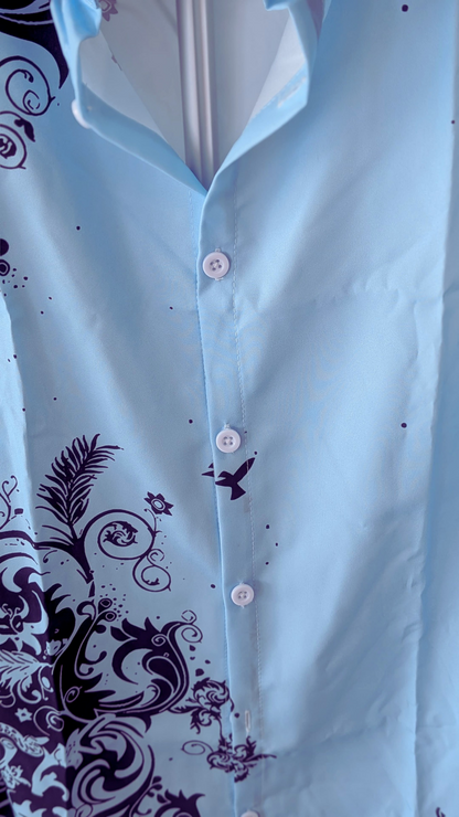 Men’s Light Blue Graphic Button-Down Shirt – Navy Scroll Print