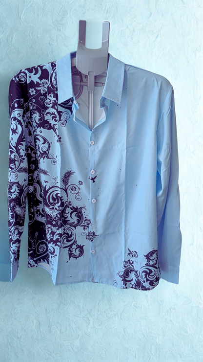 Men’s Light Blue Graphic Button-Down Shirt – Navy Scroll Print