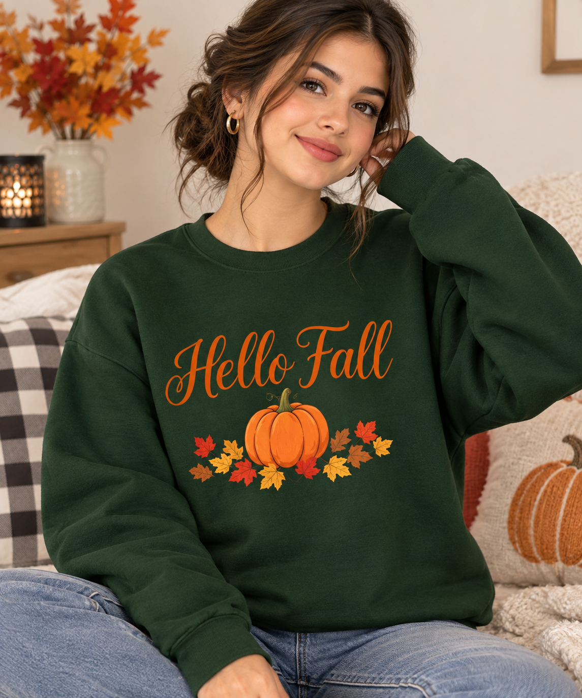 Hello Fall Pumpkin Crewneck Sweatshirt | Cozy Autumn Apparel