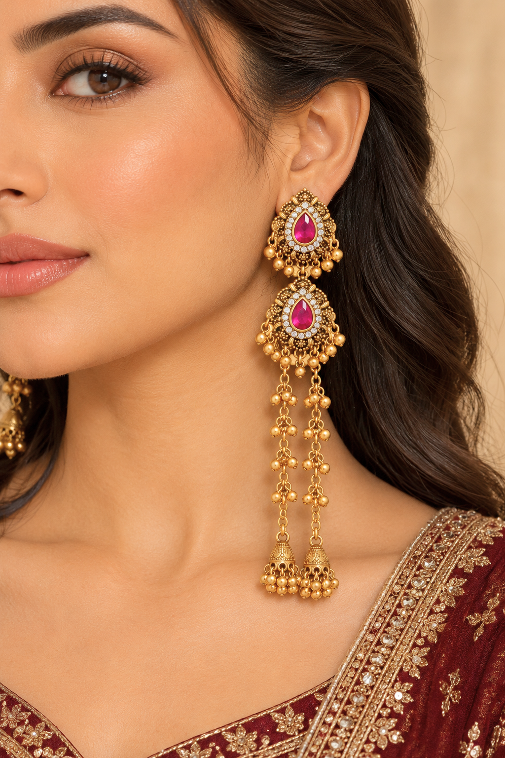 Antique Gold Red Stone Indian Jhumka Earrings