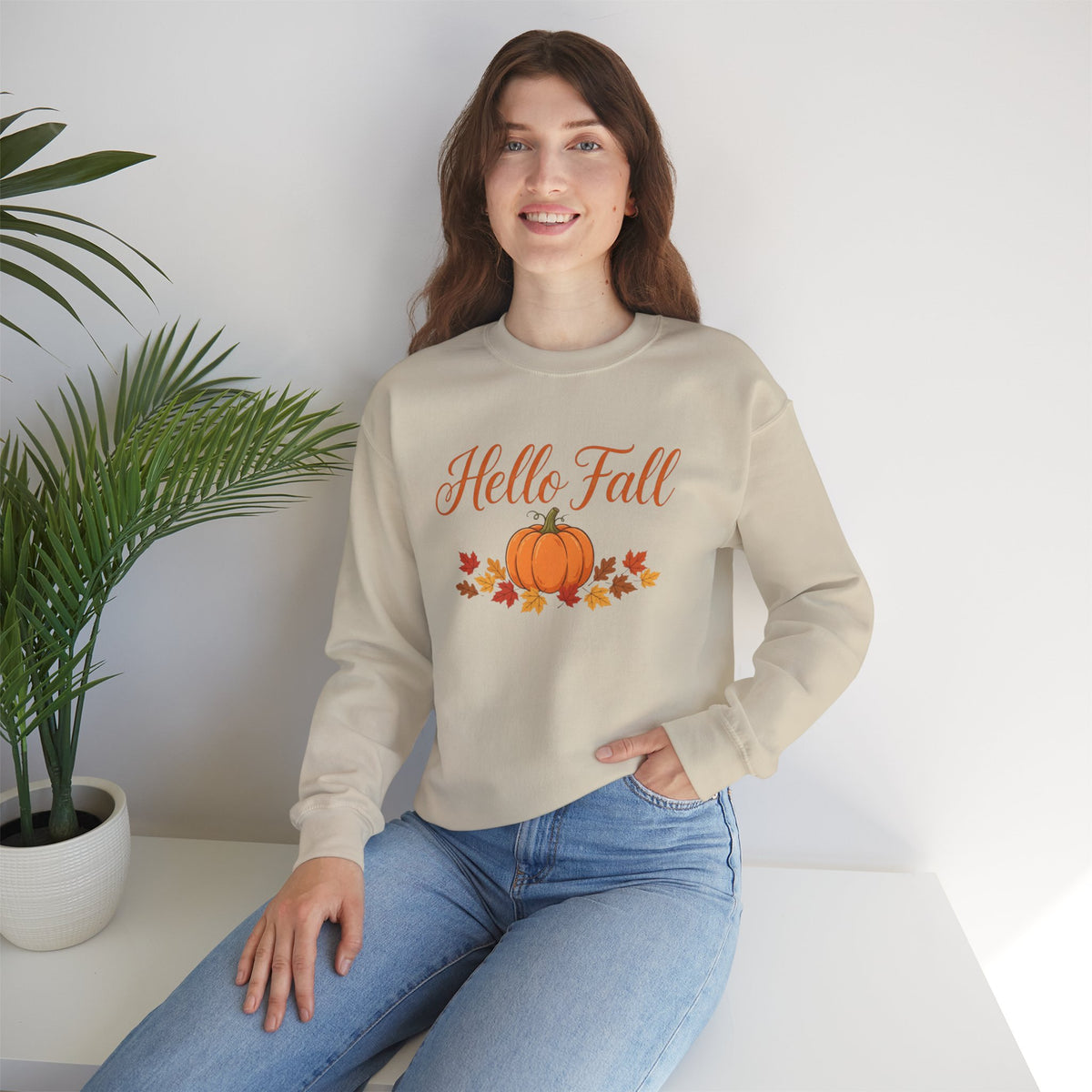 Hello Fall Pumpkin Crewneck Sweatshirt | Cozy Autumn Apparel