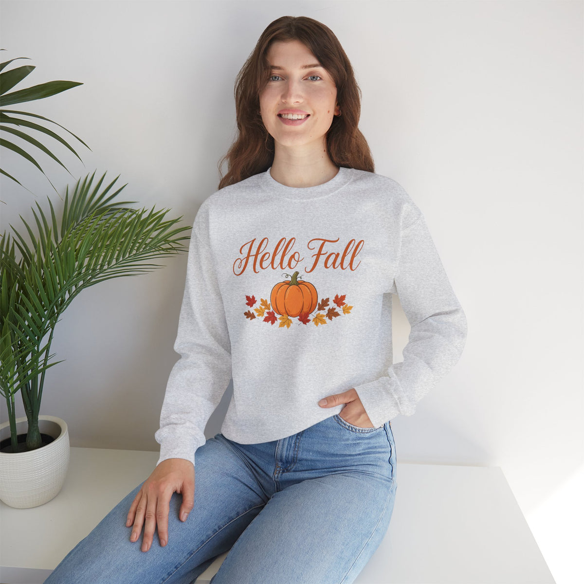 Hello Fall Pumpkin Crewneck Sweatshirt | Cozy Autumn Apparel