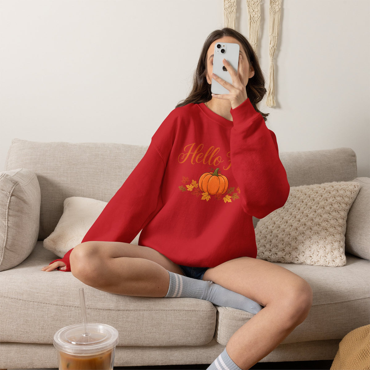 Hello Fall Pumpkin Crewneck Sweatshirt | Cozy Autumn Apparel