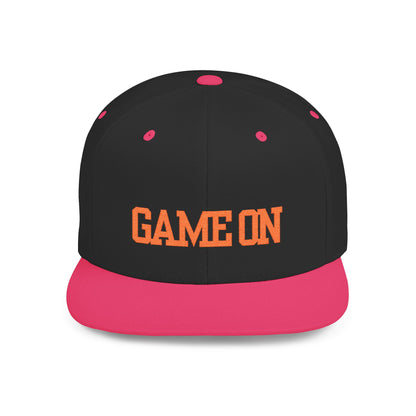 Trendy “Game On” snapback cap for adults. Adjustable flat bill hat, stylish streetwear accessory, perfect for gifts, festivals, sports, and casual outings.