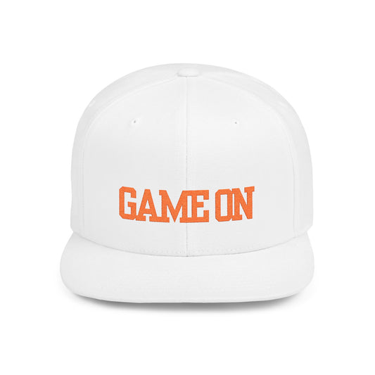 Trendy “Game On” snapback cap for adults. Adjustable flat bill hat, stylish streetwear accessory, perfect for gifts, festivals, sports, and casual outings.