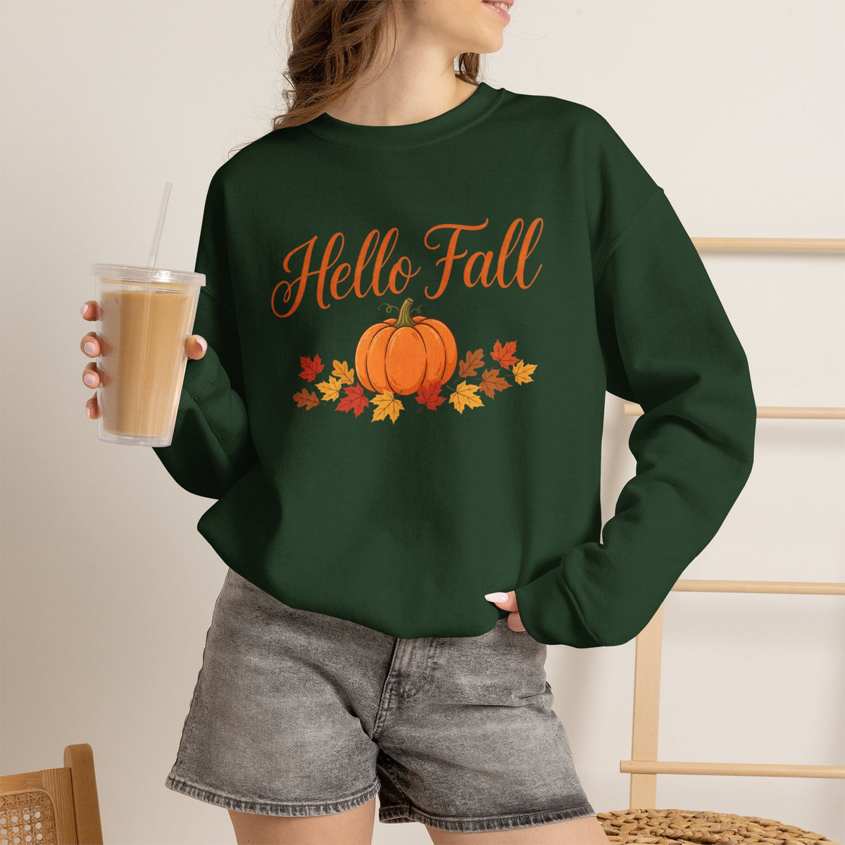 Hello Fall Pumpkin Crewneck Sweatshirt | Cozy Autumn Apparel