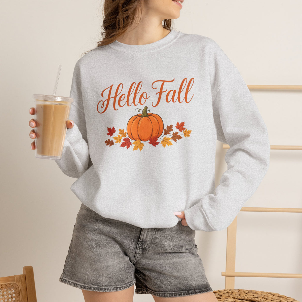 Hello Fall Pumpkin Crewneck Sweatshirt | Cozy Autumn Apparel