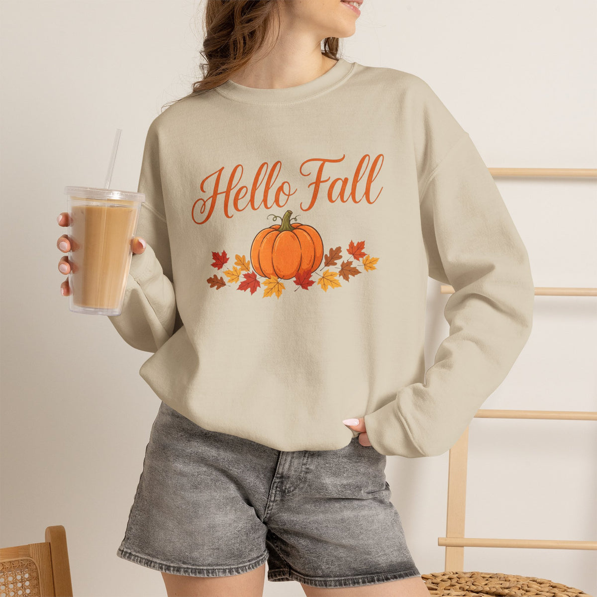Hello Fall Pumpkin Crewneck Sweatshirt | Cozy Autumn Apparel
