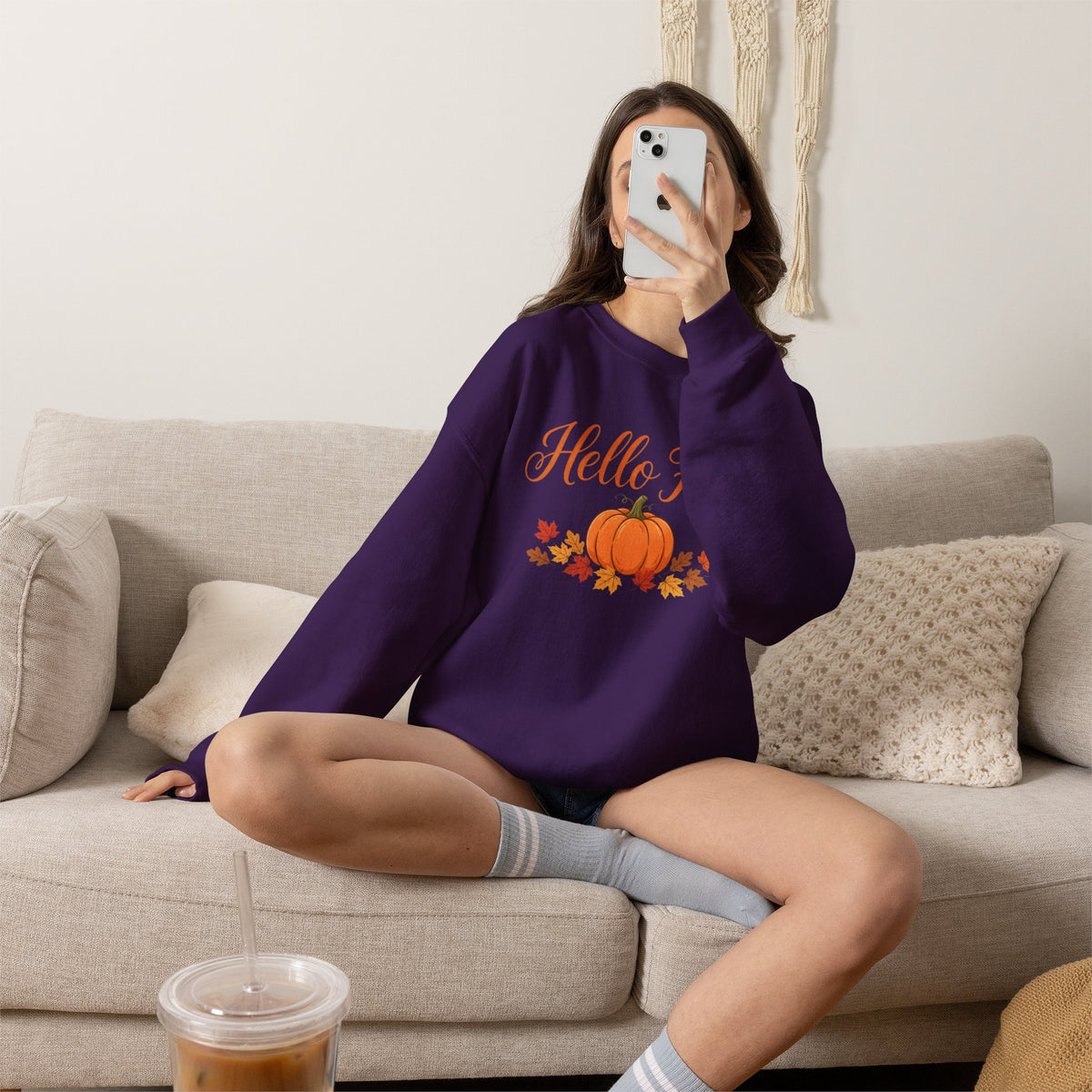 Hello Fall Pumpkin Crewneck Sweatshirt | Cozy Autumn Apparel
