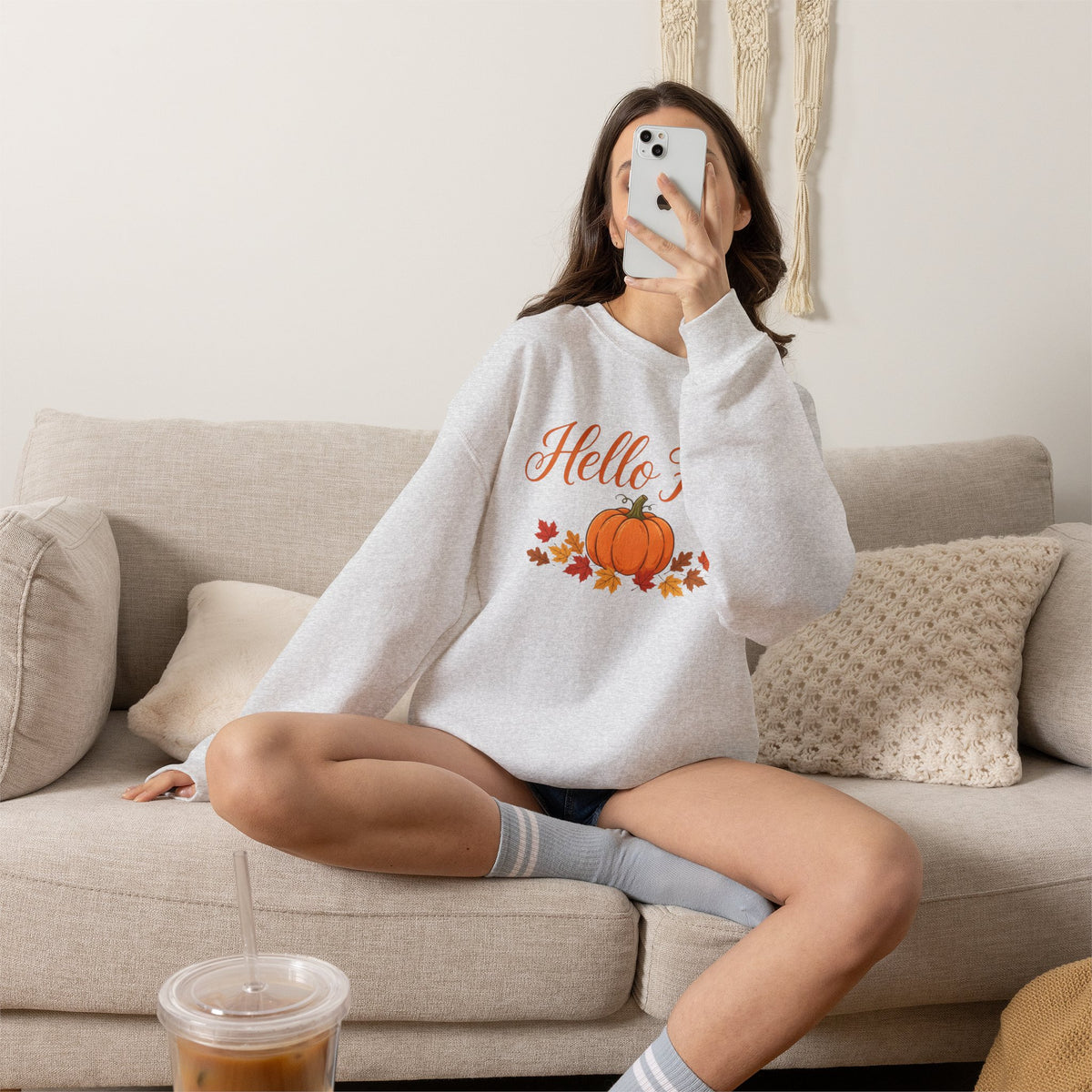 Hello Fall Pumpkin Crewneck Sweatshirt | Cozy Autumn Apparel