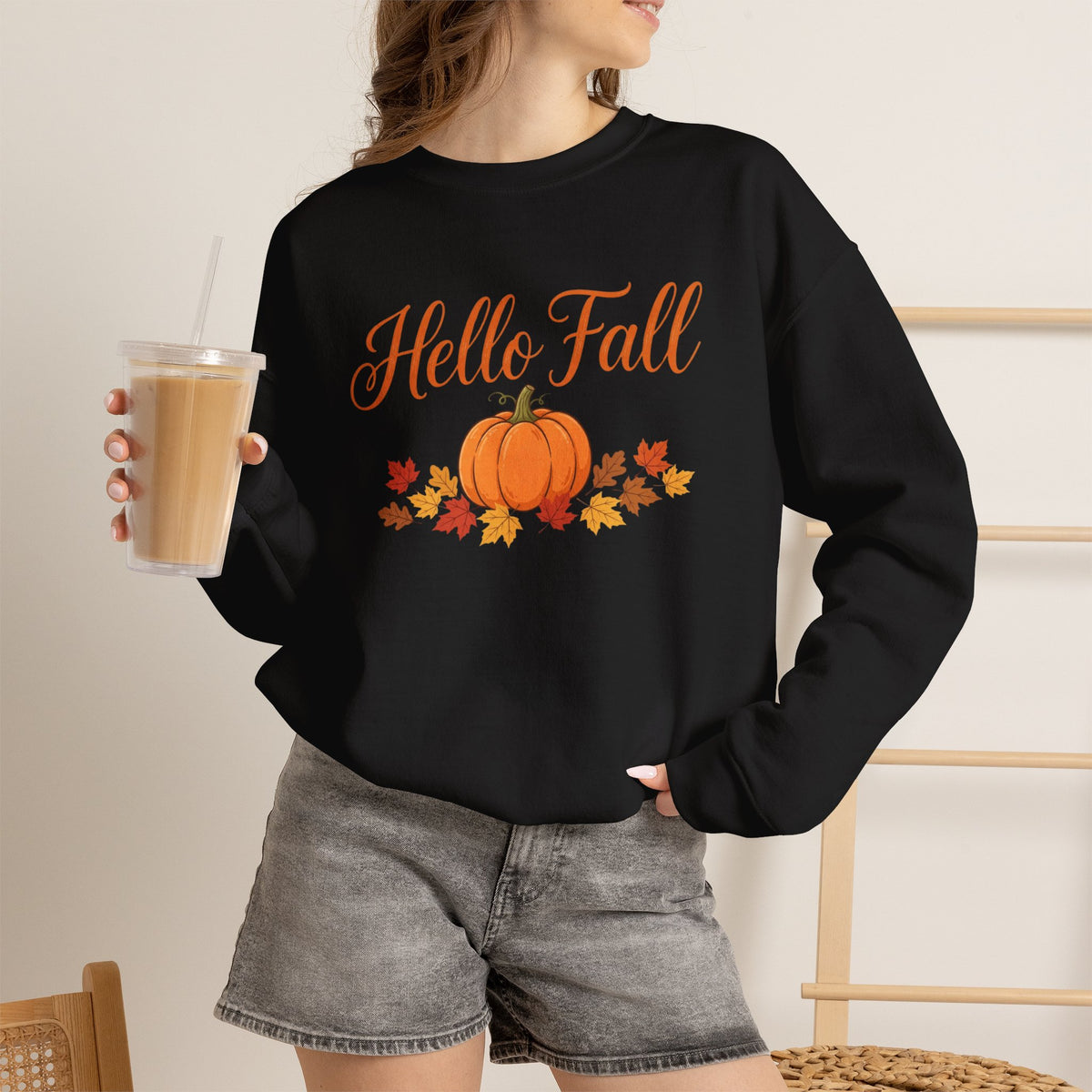 Hello Fall Pumpkin Crewneck Sweatshirt | Cozy Autumn Apparel