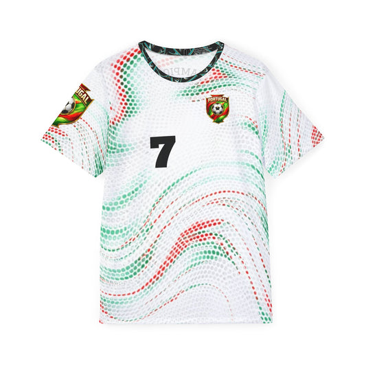 Custom Portugal Soccer Jersey Design – Red & Green Abstract Pattern with Gold Crest and Number 7