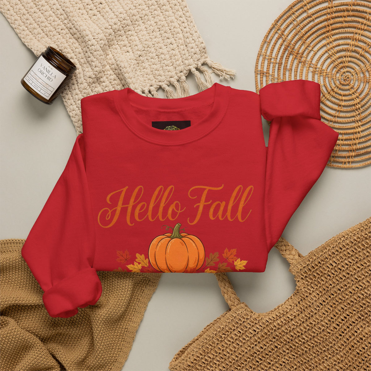 Hello Fall Pumpkin Crewneck Sweatshirt | Cozy Autumn Apparel