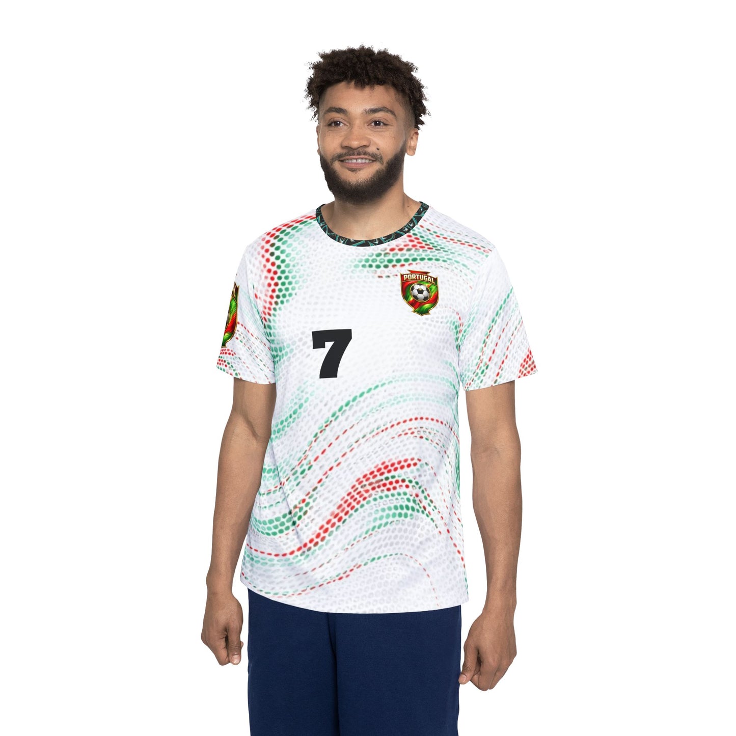 Custom Portugal Soccer Jersey Design – Red & Green Abstract Pattern with Gold Crest and Number 7