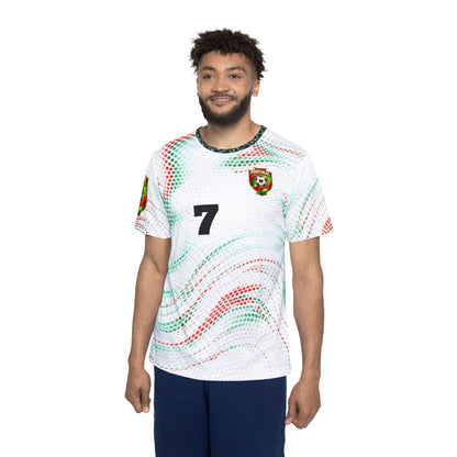 Custom Portugal Soccer Jersey Design – Red & Green Abstract Pattern with Gold Crest and Number 7