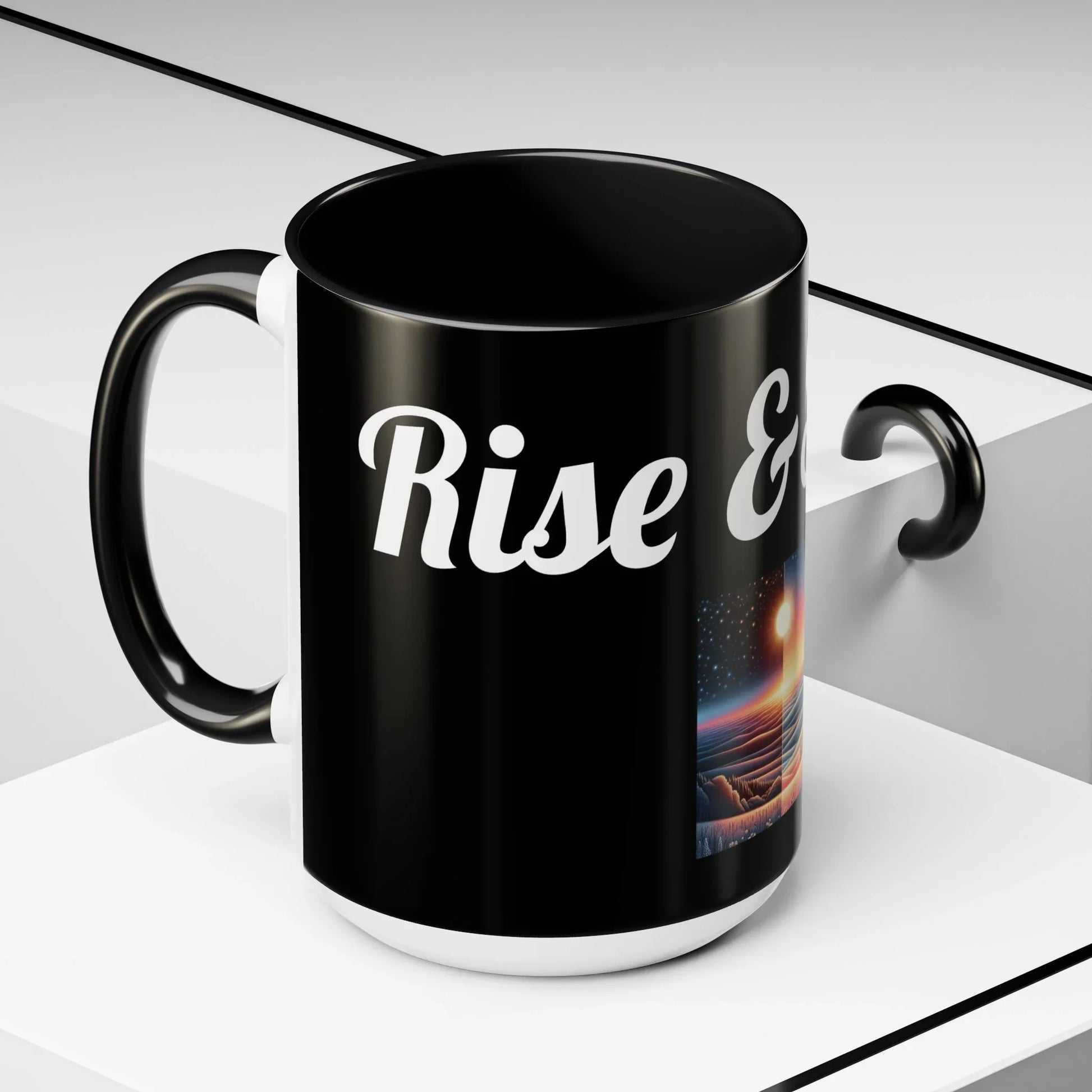 Rise & Shine Accent Coffee Mug - Motivational Black Mug for Morning Boost - RizQ Life 